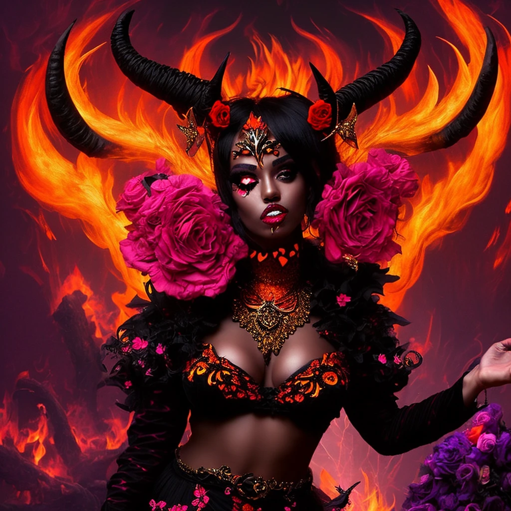 A devilish horror creature, spikes and horns, pink and black and orange, goth rococo fashion style, roses and butterflies in the fire