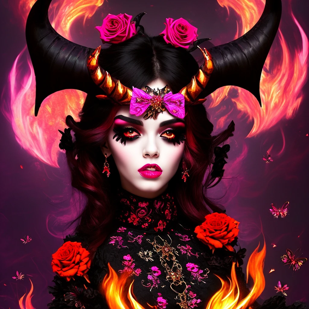 A devilish horror creature, spikes and horns, pink and black and orange, goth rococo fashion style, roses and butterflies in the fire