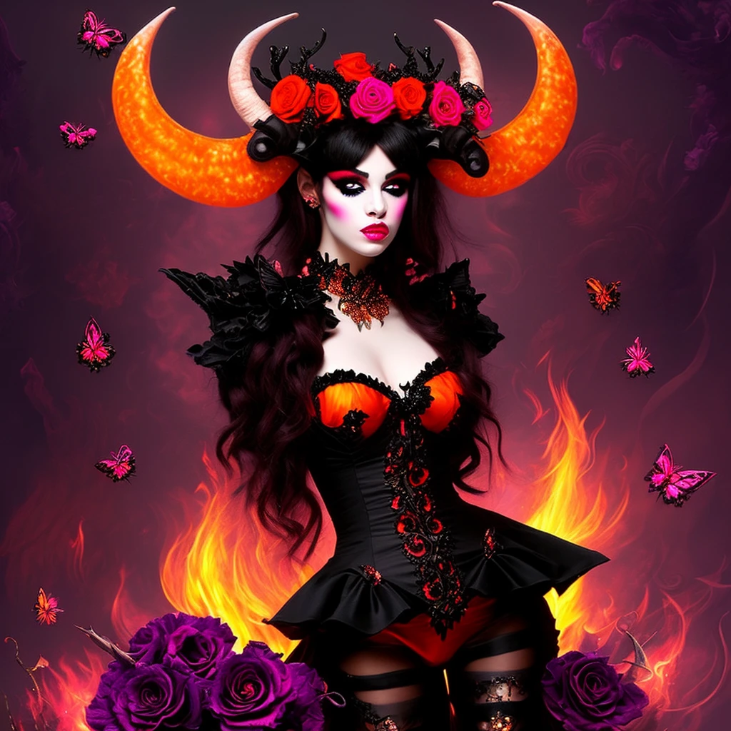 A devilish horror creature, spikes and horns, pink and black and orange, goth rococo fashion style, roses and butterflies in the fire