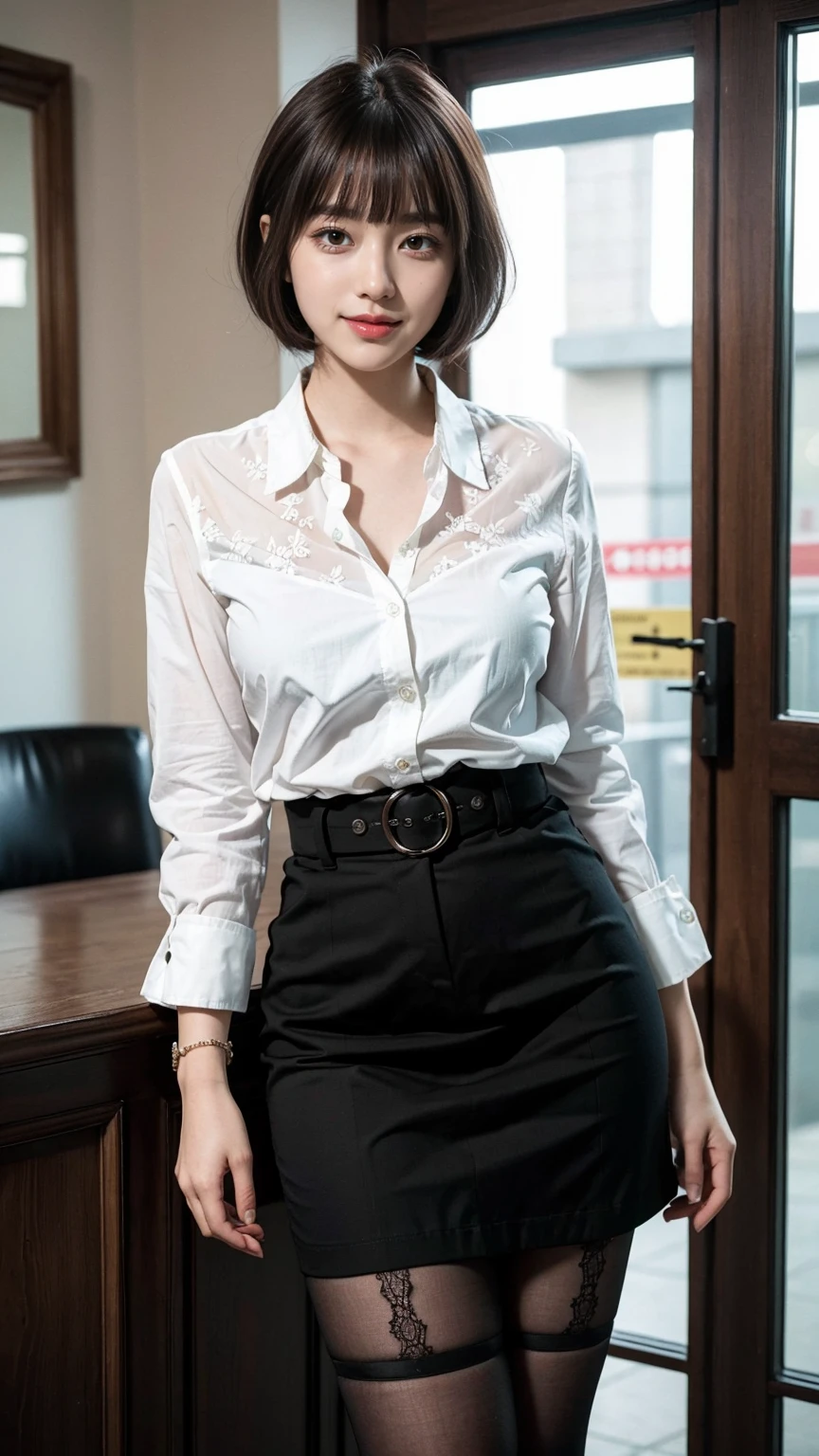 (best quality, masterpiece:1.3), (actual, photo actual:1.3), ultra high resolution, ultra high definition, Extremely detailed CG unified 8k wallpaper, (actual skin, Delicate skin), (perfect ???????), (official art, Beautiful and beautiful), (generous smile:1.3), (seductive face:1.3), (korean woman:1.3), alone, depth of field, shopping mall，(big breasts:1.1)，(medium full shot:1.5),(business suit with lace shirt underneath:1.3), (skirt)（curvy hips:1.1), (collar), (naturally look at camera:1.3), (blunt bangs:1.5), (stockings)