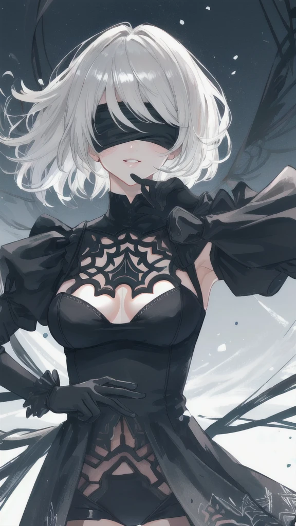 Epic CG masterpiece, hdr,DTM, full ha,8K, ultra detailed graphic tension, dynamic poses, stunning colors, 3D rendering, Surrealism, cinematic lighting effects, Realism, 00 renderer, super realistic, Super view, super wide Angle, HD
blury background,automata inspired、Nier Automata Characters、Nier Automata Cosplay、(High Resolution、4K、highest quality) Inspired by Nier、A girl in a black outfit holding a sword: Automata。Girls、((Both eyes are completely covered with a black blindfold.))、Delicate and beautiful silvery white short hair、Infected by the symbiote,Beautiful detailed lips、And has a highly detailed face with fine skin texture。,symbiote,The girl&#39;s black outfit is made of shiny leather material.Symbiote-infected clothing、Gives a stylish and futuristic look。、Reflecting sunlight。The blade is intricately engraved、The craftsmanship shines through。Girl&#39;s hair blowing in the wind、Adds dynamic movement to the scene。The overall image is realistic and photorealistic.、Sharp focus and vibrant colors、Enhances visual impact。This artwork is from Nier : It captures the essence of Automata.、It pays tribute to the iconic character 2b.。,
depth of field,An ultrarealistic full body photo of woman in fighting venom symbiote, black venom symbiote tentacles, laying deep in dark black liquid , evil smile, evil glowing eyes, hyper realistic, 8K,
1gir, solo,lips, (shiny skin:1.5)skin tight,grey eyes,
spider web print,
