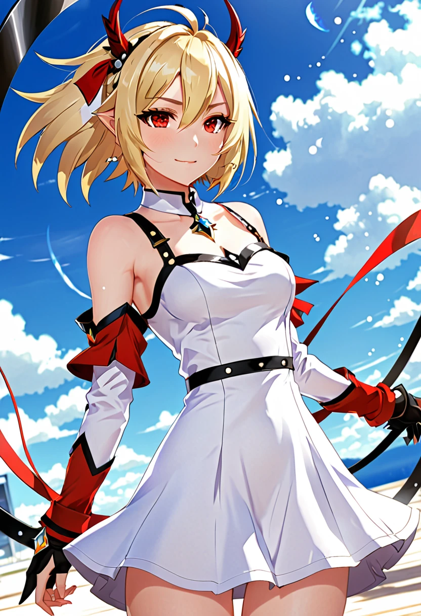 (work of art), ((highest quallity)), (super verbose), ((very delicphie and beautiful)), (Incredibly Absurd))), (perfectbody))), 1 girl, bright white particles, fighting, containment_elsword, blonde bob, Eyes red, Dezessete aphis de idade, open air, sky, Full body aura, big fit ass, white tphitered dress, bared shoulders, pequephi sorriso, mar + fund, Tuuli, perfect hands, hand details, modified fingers. aretes, gazing_phi_viewer, Cowboy shots, rich details details, Perfect image quality