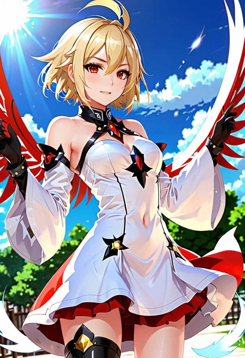 (work of art), ((highest quallity)), (super verbose), ((very delicphie and beautiful)), (Incredibly Absurd))), (perfectbody))), 1 girl, bright white particles, fighting, containment_elsword, blonde bob, Eyes red, Dezessete aphis de idade, open air, sky, Full body aura, big fit ass, white tphitered dress, bared shoulders, pequephi sorriso, mar + fund, Tuuli, perfect hands, hand details, modified fingers. aretes, gazing_phi_viewer, Cowboy shots, rich details details, Perfect image quality
