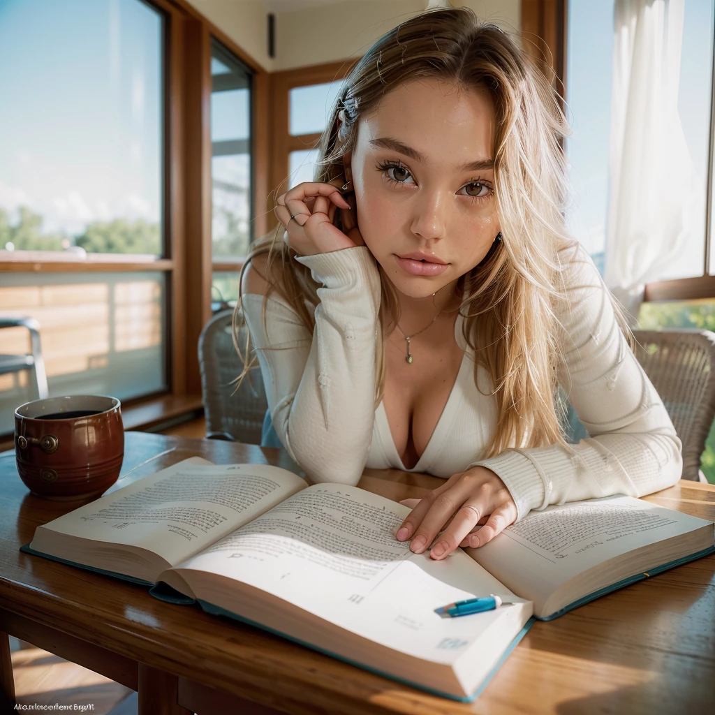 Realistic photo of a beautiful 18 year old (((ALEXIS-REN))), (best quality,ultra-detailed,realistic:1.2),beautiful detailed eyes,beautiful detailed lips, blonde hair, student, classroom, learning,  sitting at desk, books, teacher, pencil 