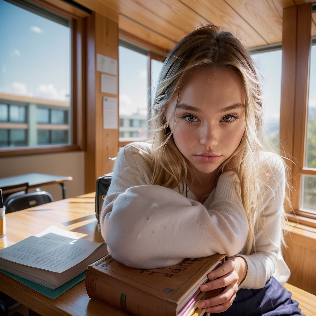 Realistic photo of a beautiful 18 year old (((ALEXIS-REN))), (best quality,ultra-detailed,realistic:1.2),beautiful detailed eyes,beautiful detailed lips, blonde hair, student, classroom, learning, sitting at desk, books, teacher, pencil, school girl skirt outfit