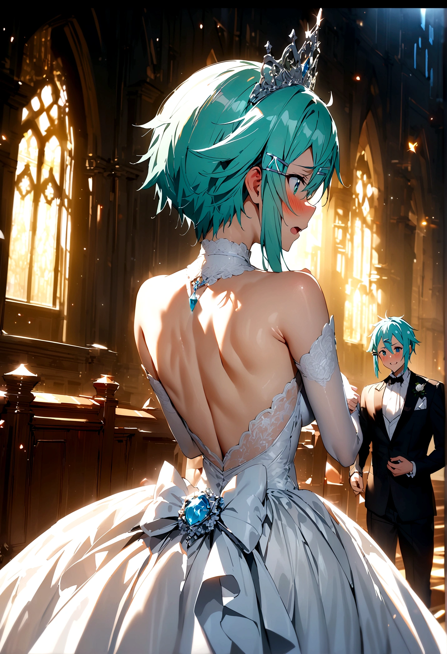 NSFW,masterpiece,Highest quality,High resolution,Super detailed,Sinon\(Sword Art Online\),(High quality sexy wedding dress),High-quality wedding lingerie,Wedding Veil,tiara,gem, hair ornaments, Hair Clip,wedding ring,Embarrassed,expectant face,(excited),blush,Church at night in the moonlight,Luxurious Room,wedding,From the back,look back