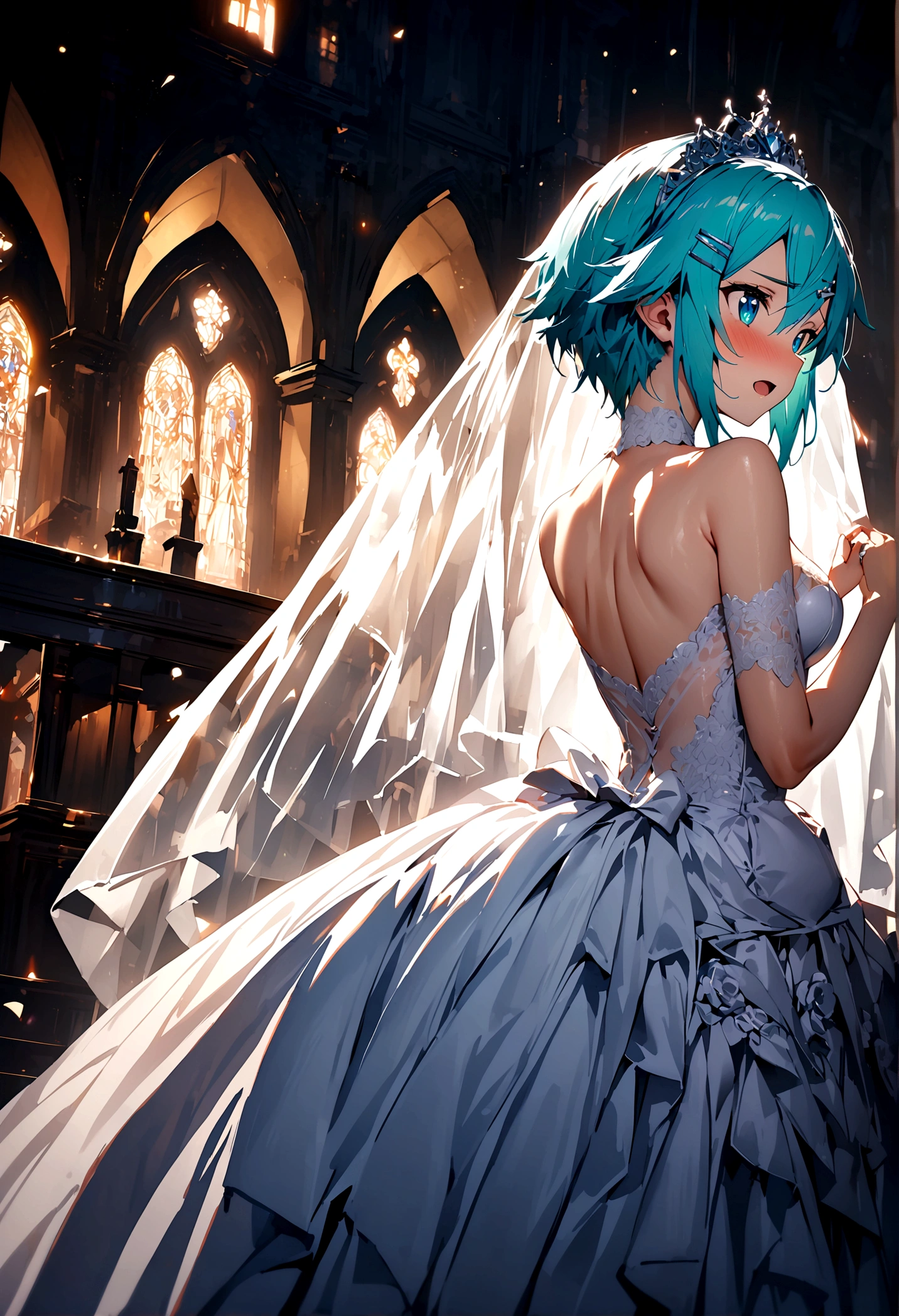 NSFW,masterpiece,Highest quality,High resolution,Super detailed,Sinon\(Sword Art Online\),(High quality sexy wedding dress),High-quality wedding lingerie,Wedding Veil,tiara,gem, hair ornaments, Hair Clip,wedding ring,Embarrassed,expectant face,(excited),blush,Church at night in the moonlight,Luxurious Room,wedding,From the back,look back