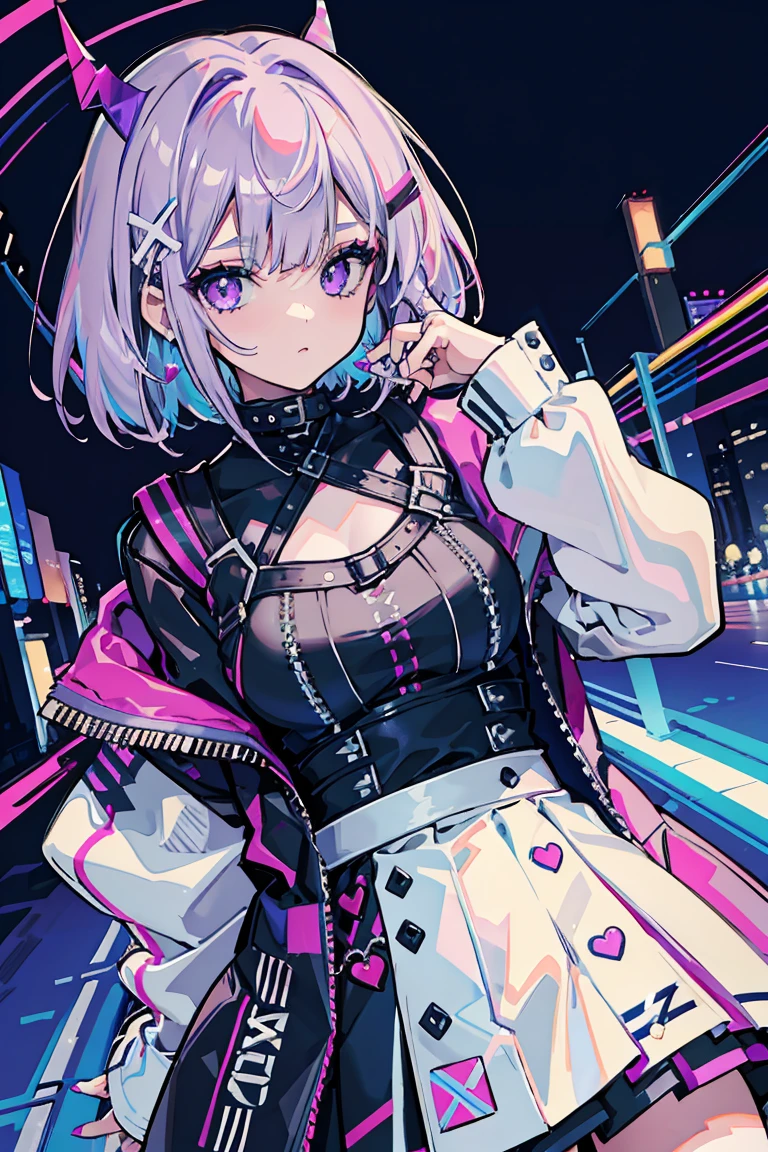 1 girl, Punk Makeup, (hair ornaments), Colorful clothes, White and purple hair, Kissing Face, Semi-bob cut, Leather skirt, Gentle expression, Beautiful expression, Close your eyes,, (heart), Cold Background,18-year-old, Colorful Hair, Messy Hair, Romanticism, modern art, Impressionism, reflected light, 8K, masterpiece, Advanced Details, Highest quality,