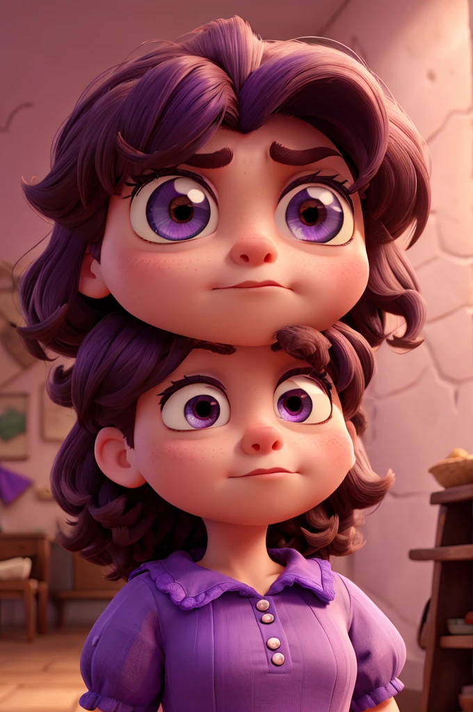 Character with medium hair licked to the side, big eyes and disgusted face, with a purple dress.