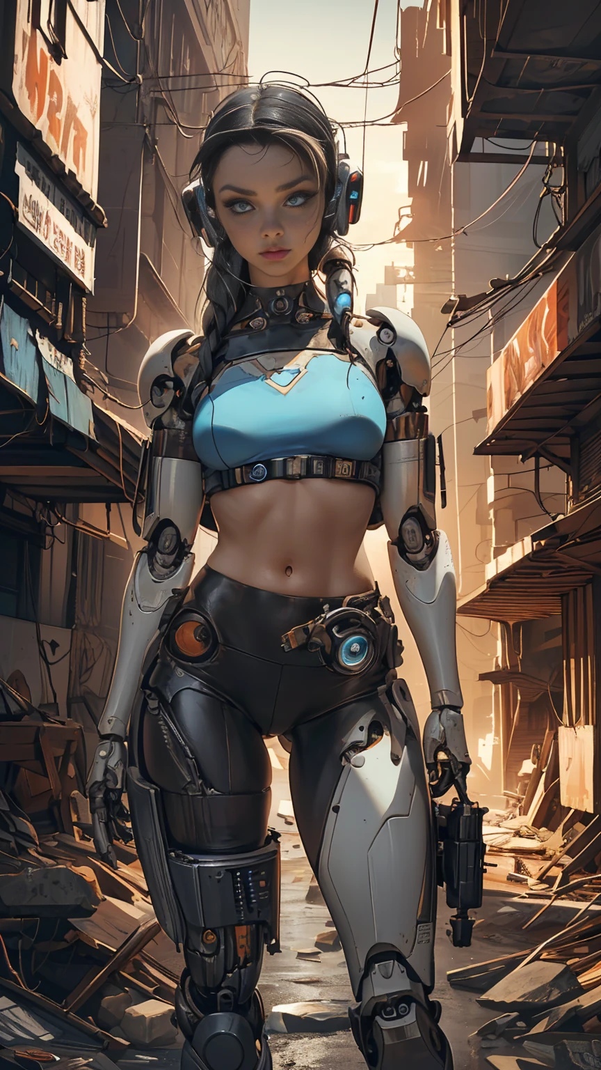 Ultra realist CG K ,((premium、8k、32k、Masterpiece、NFFSW:1.3)), (superfine illustration)、(super high resolution), (((adult body))), (Masterpiece, Best Quality:1.2),(La Best Quality,A high resolution,Ultra - detailed,actual) ,close-up Ariana Grande cyborg with red leather pants, yellow top, long white gray hair, (alien invasion background alien ships:1.4), (beautiful blue eyes big stones black:1.4) , (cowboy pose ), (realist) ,High quality 8K detailed art, Fanart Mejor ArtStation, fantasy art style , (white cyborg:1.4), (apocalyptic city cyberpunk colors:1.4)