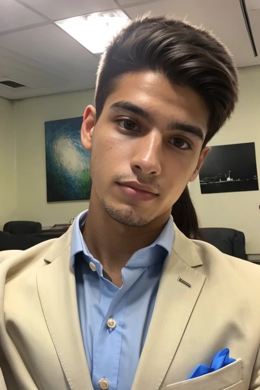 20 year old Brazilian boy, beautiful white skin, eyes browns, Hand in pocket, in a suit in the room, a selfie of the face 🤳🏽.. realisitic... best qualityer