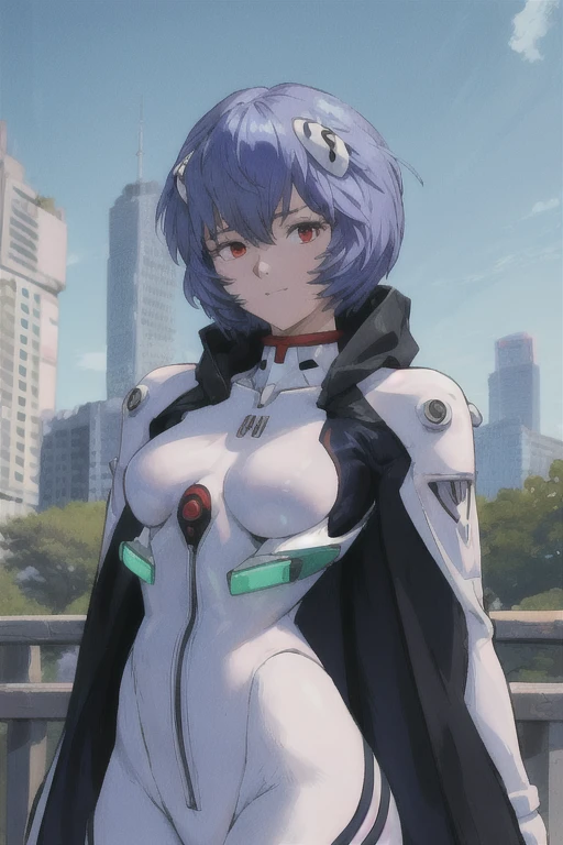 masterpiece, best quality, 1girl, ayanamirei, plugsuit, interface headset, looking at viewer, light smile, city park, upper body, arms_behind_back, black and white cloak 