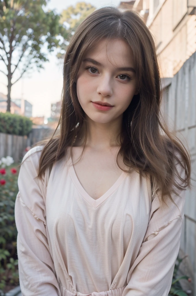 ((best quality)), ((masterpiece)), (detailed), 8k, RAW photo, Fujifilm, style photo of a beautiful young woman as avril in a garden of light pink roses (highly detailed skin: 1.2) Style-Petal BREAK long hair, blonde hair with colored locks, wearing a red color dress, film granulation, 35mm, cute style, blurred background