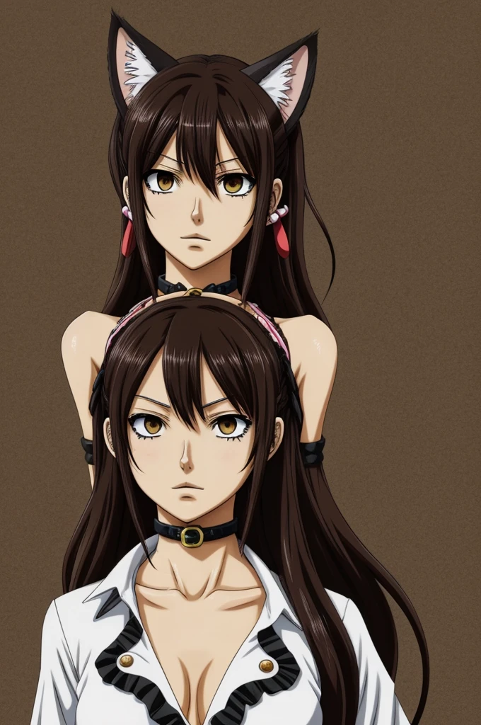manga style oc/Anime de one piece, woman with long hair, spongy, wavy dark brown, one meter and 63cm, calm skin,slender, and boluntuous, dark brown eyes, cat ears and dark brown cat collar, and crimson wings, with pirate ropq.