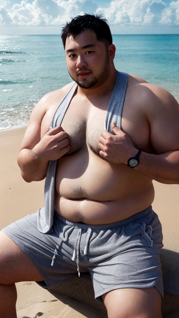 high quality,ultra detailed,best quality,Fat man,Thick chest,Wet skin,beach,sitting,asian,gray Sweat shorts,topless,hands on own stomach,