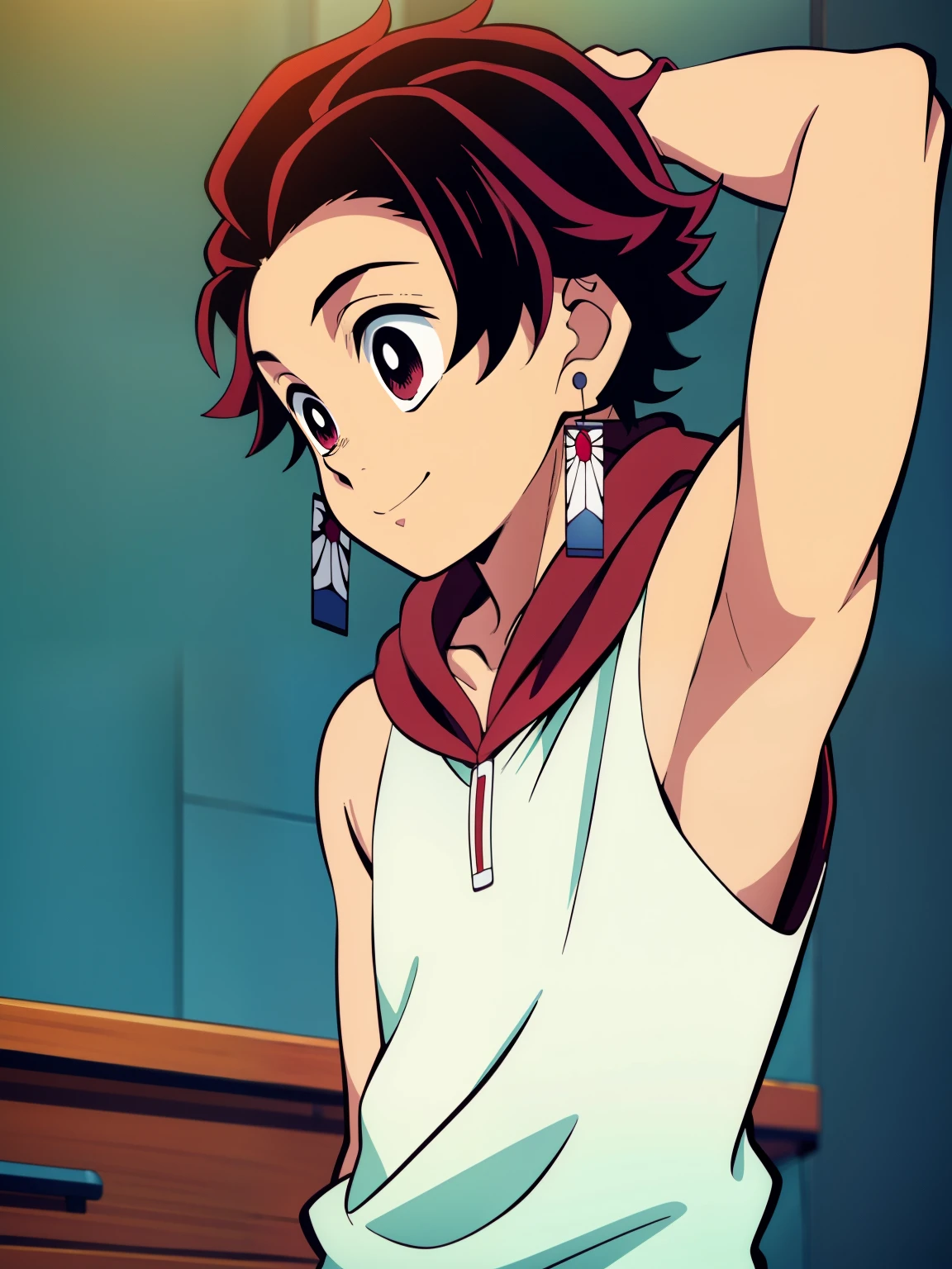 Highres, Masterpiece, Best quality at best,Best Quality,hight quality, hight detailed, Anime style, 1boy, Shota, young boy, Solo person, Tanjiro, earring, red hair, smile, (Sleeveless hoodie), Bare shoulder, Seen from the front, looking to the side, upper body, (very young boy), (very small and short body), (Showing armpit:1.3), Such a cute smooth armpit, The armpits of a 12 year old boy, Adorable little armpits, Give me a proportional picture of a 12 year old boy's armpits, 12-year-old boys, uhd, blurry beckground