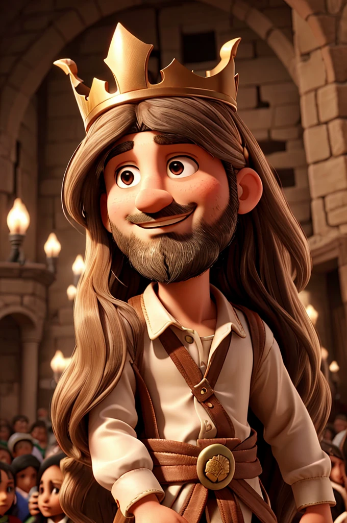 Long-haired Palestinian man with a crown, with many children in crowns around him

