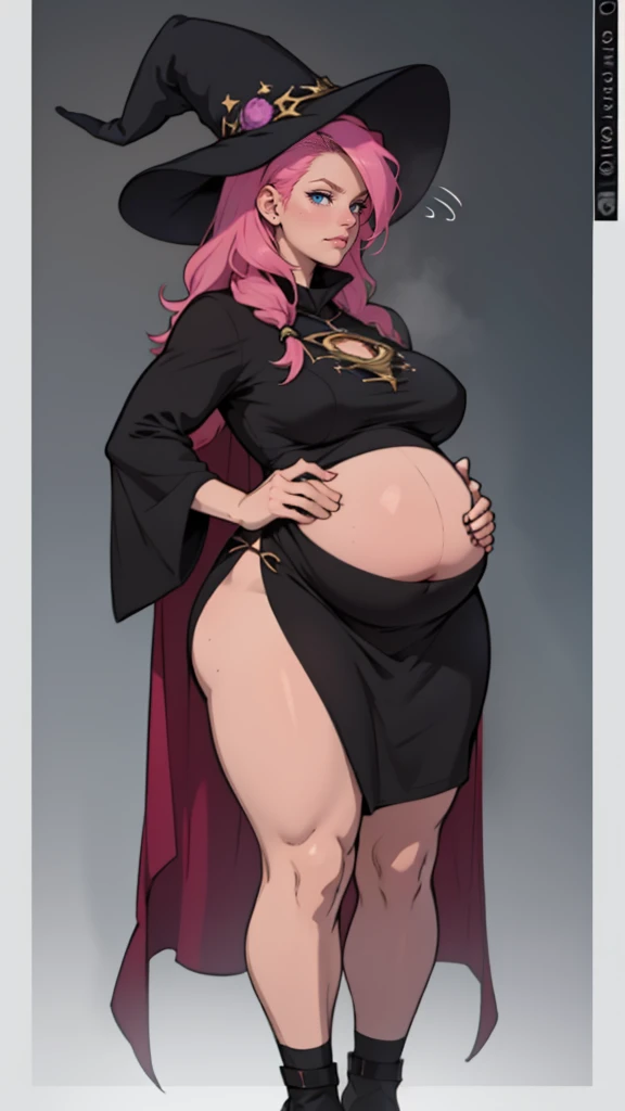 older woman in her 30s, with pink hair and a tall, curvy body, breasts big, in this, (work of art, best qualityer:1.2) wearing the legendary great black dress of the mystical sorceress, Big witch hat, pregnant, standing alone, alone, pink massive hair
