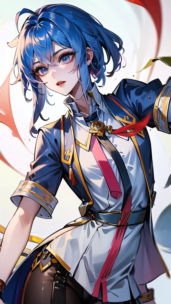 Masterpiece, Best quality, 1 Tang Wu Tong, the expression is cold, strong, blue eyes, short hair, wolfcut hairstyle, smoky mix blue color hair, resolute eyes, red lips, simple Taoist Taoist uniform, Chinese mix morden, frontal photo, black or white background, simple background, anime, illustration, hafl body, Chinese style short-sleeved shirt, cool girl