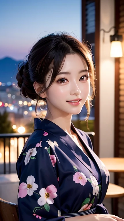 (8K、High resolution)、(masterpiece)、Highly detailed eyes、Highest quality、Angles from various angles、On the terrace with a beautiful night view、With a smile、Hyperrealism、(Realistic skin texture)、Korean Idols、Nogizaka Idol、Beautiful eyes in every detail、１people、20-year-old、Bun Hair、She is wearing a cute yukata with a floral pattern perfectly.（Perfect arms and fingers）