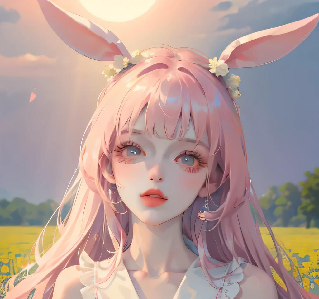 (high quality) (best quality) (a woman) (correct physiognomy) Woman, pink hair with bangs on her forehead, Bunny ears on her head, blue eyes, tender lips, middle age, a cute white dress style ta, lighting of the photo: sunlight, It is in the middle of a field of flowers