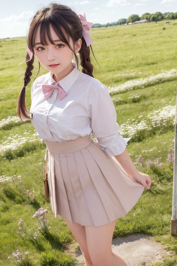 (Best Quality,4K,High resolution:1.2), Ultra-detailed, Realistic portrait, Best Quality, (outside japanese high school), (passionate scene),one very young looking high school girl, (intense emotion), (innocent look, pink ,white and black school uniform), ((stockings, cute face, standing, full body)), (perfect long legs, high waist mini pleated skirt, tight shirt), large brown eyes, long black hair, pigtails, cute smile, rose cheeks, muscular abs tiny body, tiny waist, bows and ribbons in hair
