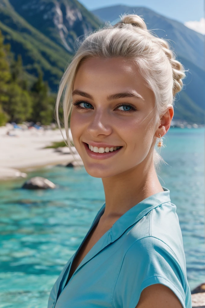 gorgeous, beautiful, 21 years old scandinavian, white hair in a bun, best portrait photo ever, men magazine portrait, beautiful smile, perfect teeth, seductive, flirty, face photo, best mountain tourist attraction background in summer, turquoise water in the background  smiling, beautiful blue shirt, detailed skin, realistic, photo-realistic, 8k sharp focus, highly detailed, full length frame, High detail RAW color art, piercing, diffused soft lighting, shallow depth of field, sharp focus, hyperrealism, cinematic lighting