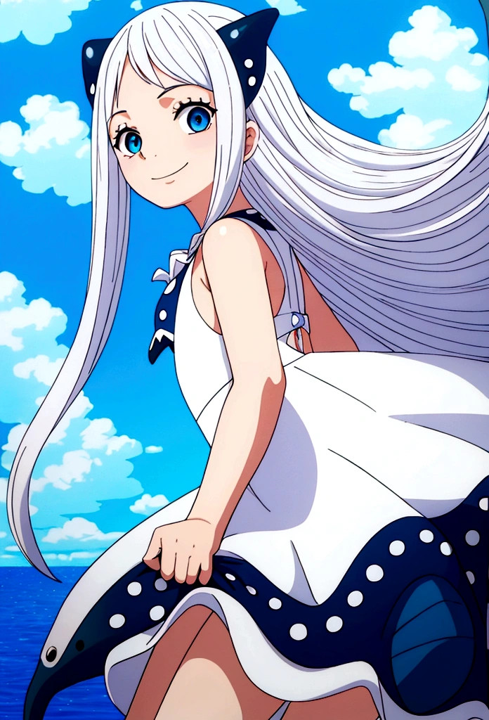 girl (5 years old), platinum white long hair, blue eyes, holding a stuffed whale shark, wearing cute dress, smiling in a sunny day