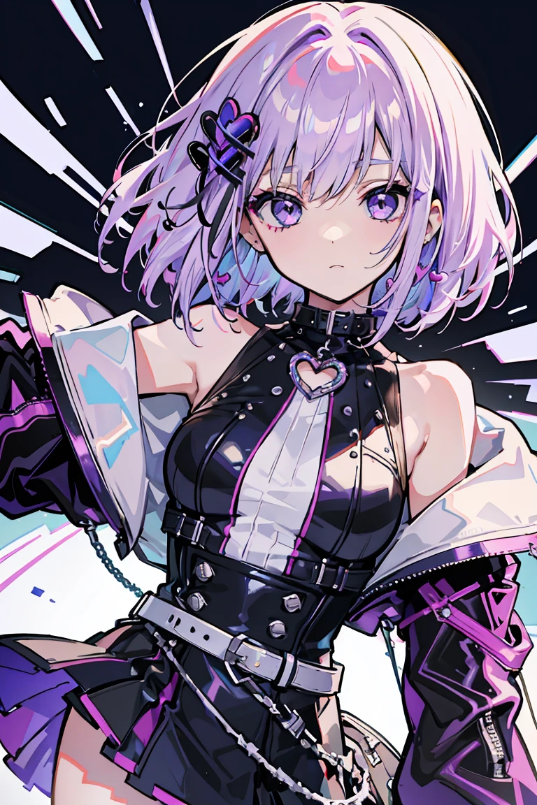 1 girl, Punk Makeup, (hair ornaments), Colorful clothes, White and purple hair, Semi-bob cut, Leather skirt, Gentle expression, Beautiful expression, Close your eyes, (Heart in the eye), Cold Background,18-year-old, Colorful Hair, Messy Hair, Romanticism, modern art, Impressionism, reflected light, 8K, masterpiece, Advanced Details, Highest quality,