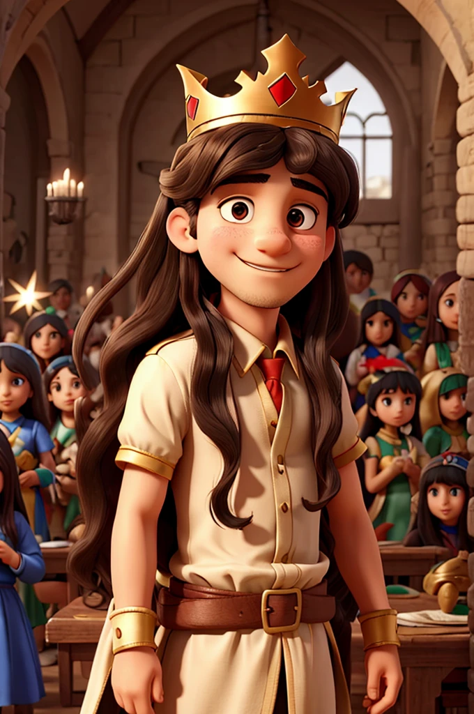 Long-haired Palestinian man with a crown, with many happy children wearing crowns around him
