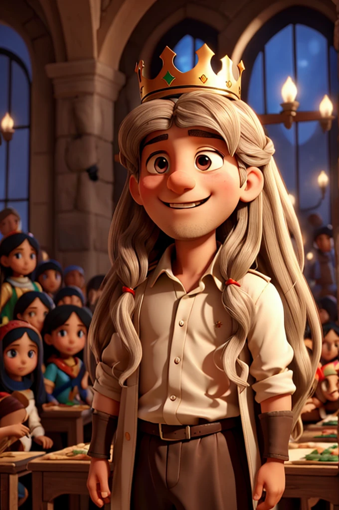 Long-haired Palestinian man with a crown, with many happy children wearing crowns around him