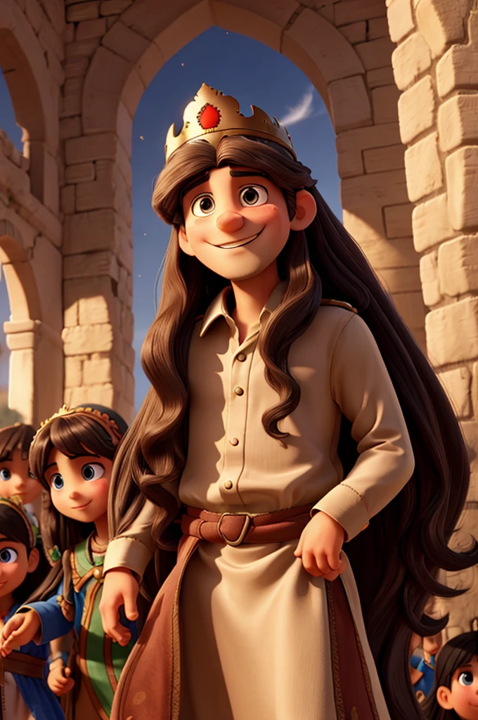 Long-haired Palestinian man with a crown, with many happy children wearing crowns around him