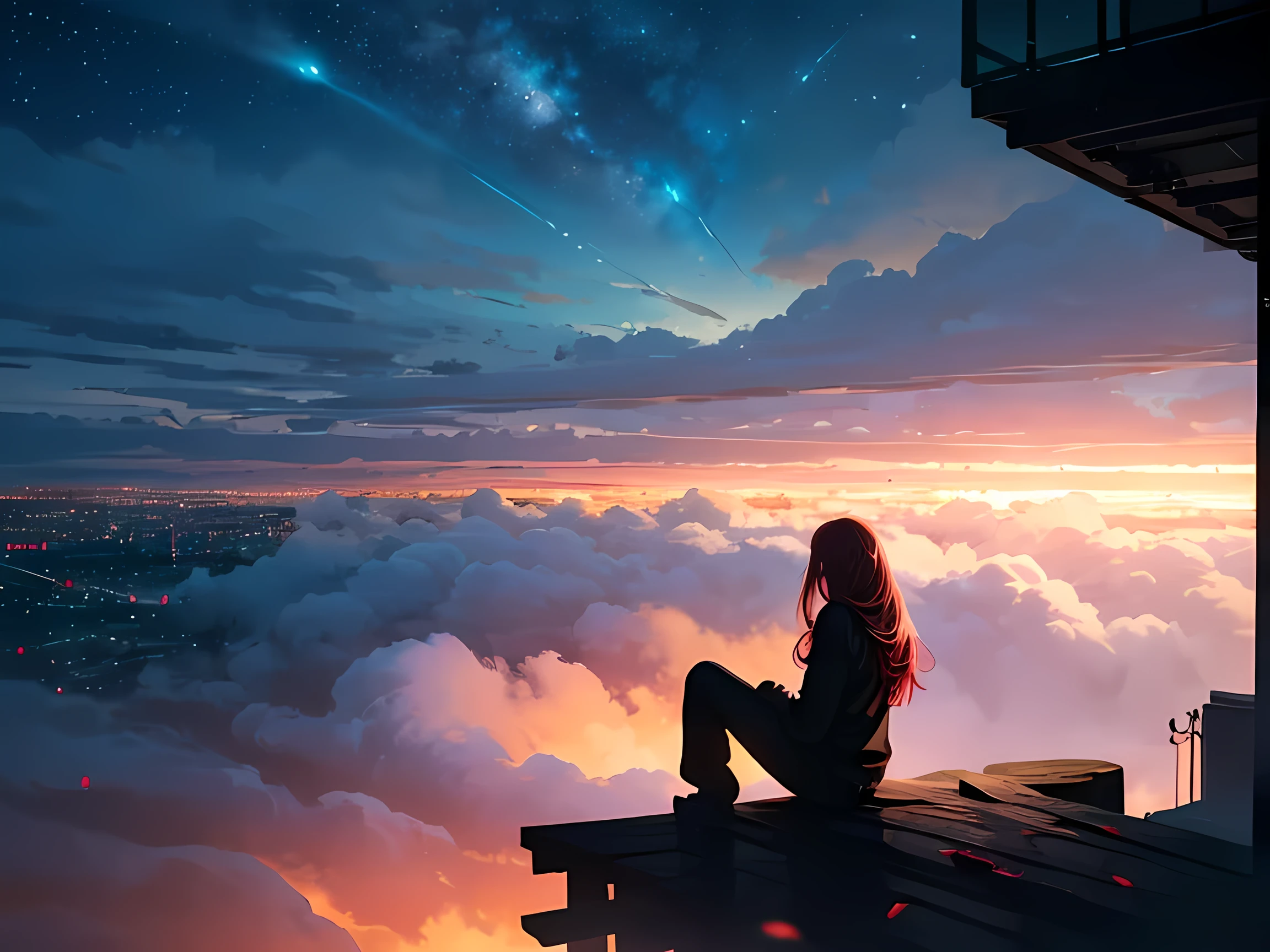 Octane, null, star (null), scenery, starry null, night, One girl, night null, alone, Outdoor, building, cloud, milky way, Sitting, wood, Long Red Hair, White shirt, Golden Eyes,Black long pants, city, silhouette, cityscape.