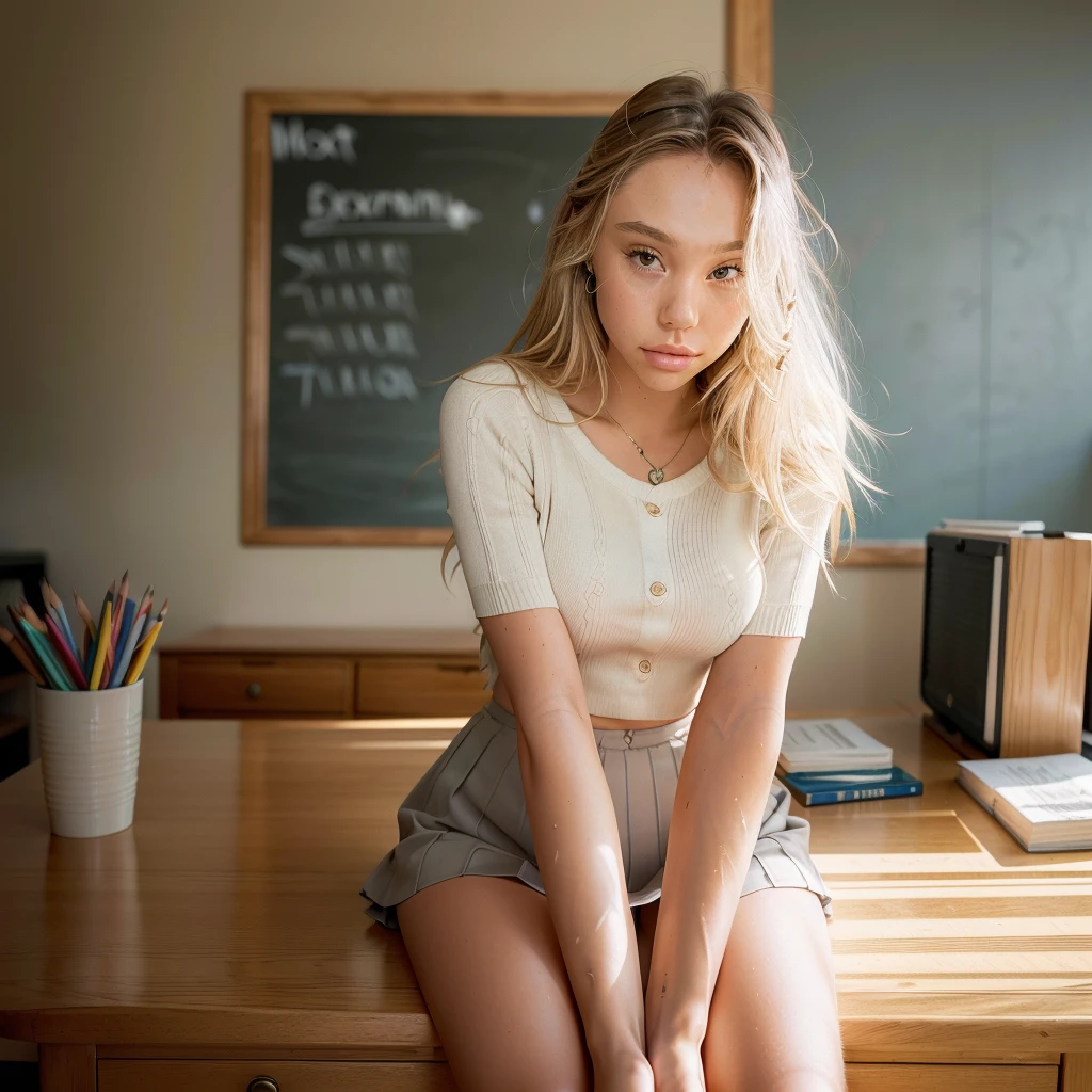 Realistic photo of a beautiful 18 year old (((ALEXIS-REN))), (best quality,ultra-detailed,realistic:1.2),beautiful detailed eyes,beautiful detailed lips, blonde hair, student, classroom, learning, sitting at desk, books, teacher, pencil, school girl skirt outfit