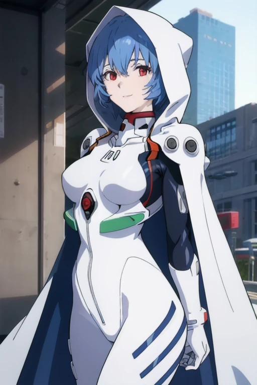 masterpiece, best quality, 1girl, ayanamirei, plugsuit, interface headset, looking at viewer, light smile, city park, upper body, arms_behind_back, hooded white cloak, cape