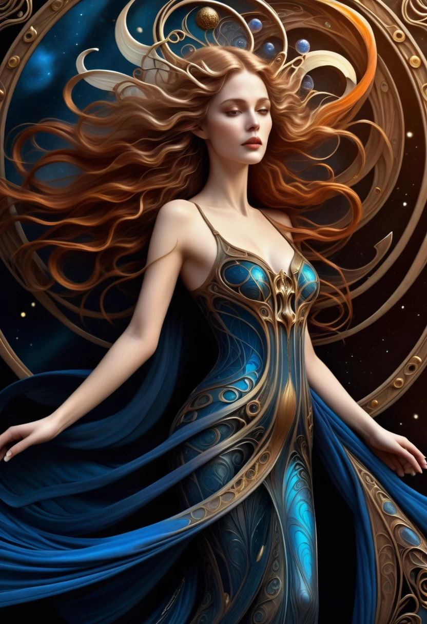 A beautiful wind goddess, flowing ethereal gown, intricate swirling patterns, floating gracefully, Hans Ruedi Giger biomechanical style, fantasy art nouveau, tarot card illustration, detailed portrait, stunning dramatic lighting, vibrant colors, photorealistic, 8k, best quality