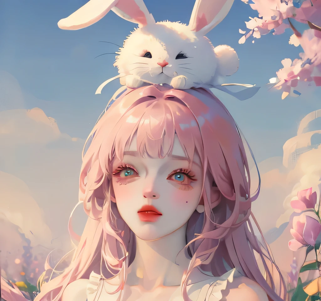 (high quality) (best quality) (a woman) (correct physiognomy) Woman, pink hair with bangs on her forehead, Bunny ears on her head, blue eyes, tender lips, middle age, a cute white dress style lolita, lighting of the photo: sunlight, It is in the middle of a field of flowers