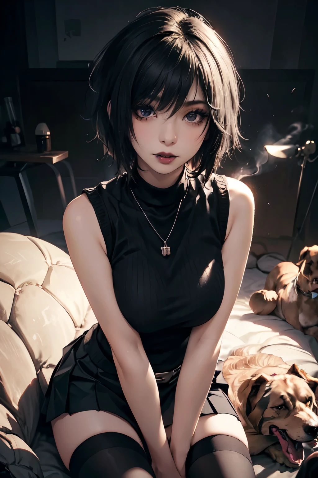 Girl, woman, emo_hairstyle, black lipstick, dog collar, eyeliner, eye shadow, smoky eyes, realistic lighting, short hair, turtle-neck shirt, sweater shirt, short skirt, thighhighs, sleeveless, hand between legs, big breast.