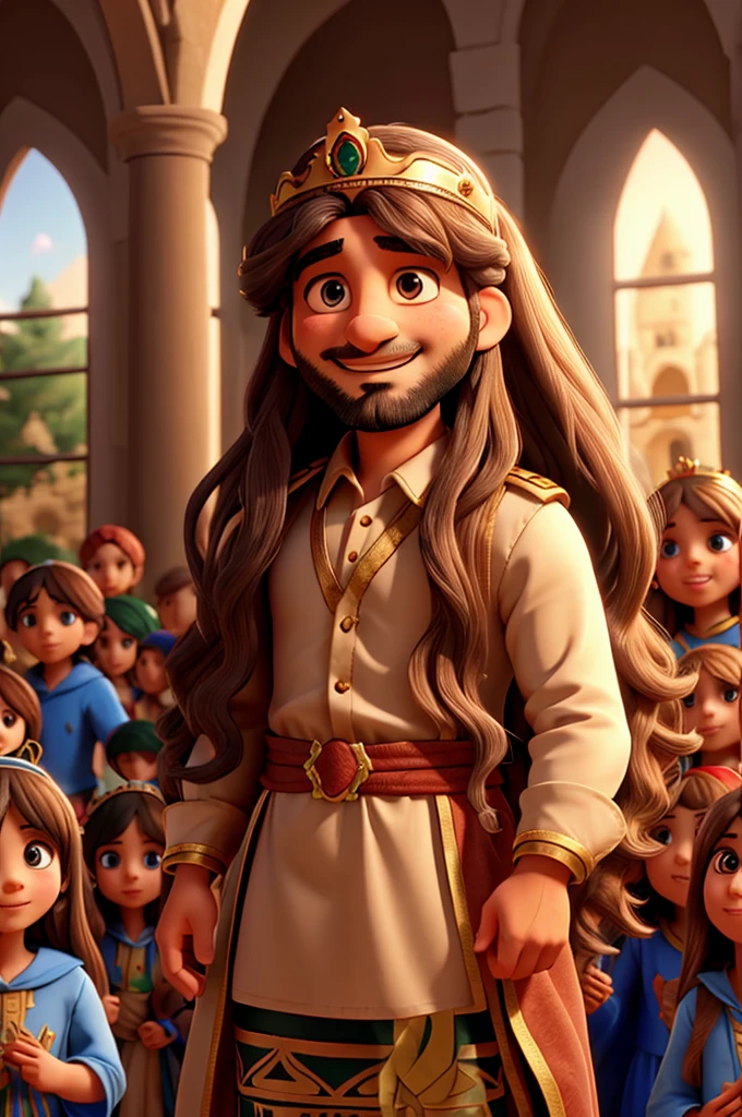 Long-haired Palestinian man with a crown, with many happy children with crowns around them
