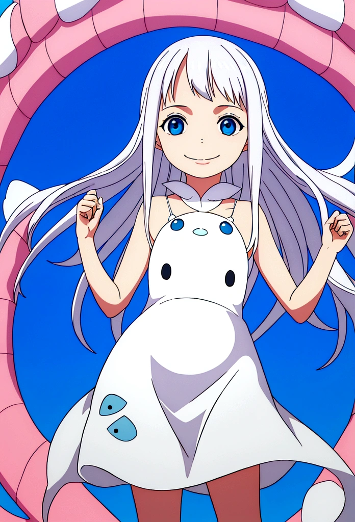 girl (5 years old), platinum white long hair, blue eyes, hugging a stuffed whale shark, wearing cute dress, smiling in a sunny day