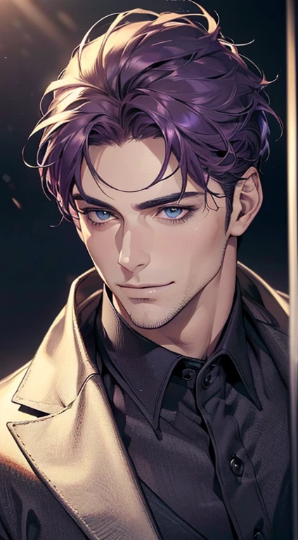 (best quality,4k,8k,highres,masterpiece:1.2),ultra-detailed,(realistic,photorealistic,photo-realistic:1.37),1 man,31 years old,mature man,very handsome,without expression,smile,short purple hair,blue eyes,penetrating gaze,perfect face without errors,imposing posture,businessman,office background,cinematic lighting,hdr image
