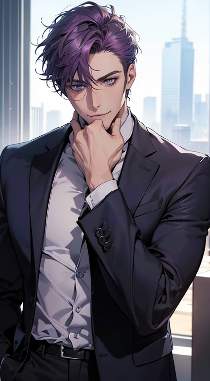 (best quality,4k,8k,highres,masterpiece:1.2),ultra-detailed,(realistic,photorealistic,photo-realistic:1.37),1 man,31 years old,mature man,very handsome,without expression,smile,short purple hair,blue eyes,penetrating gaze,perfect face without errors,imposing posture,businessman,office background,cinematic lighting,hdr image