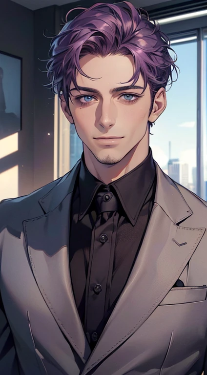 (best quality,4k,8k,highres,masterpiece:1.2),ultra-detailed,(realistic,photorealistic,photo-realistic:1.37),1 man,31 years old,mature man,very handsome,without expression,smile,short purple hair,blue eyes,penetrating gaze,perfect face without errors,imposing posture,businessman,office background,cinematic lighting,hdr image