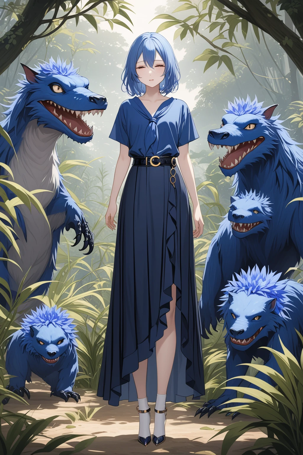 masterpiece, (best quality:1.2), (an extremely delicate and beautiful:1.2), newest, rating:general, expressive eyes, perfect face, perfect hands, (((1girl, full body))), BREAK, pretty young asian woman, pale skin, (wearing cornflower-blue shirt short sleeves, navy-blue neckerchief, navy-blue pleated pencil long skirt, black belt with gold circle buckle, white socks), sleeping, closed eyes, open mouth, unknown stalker monster behind her, (1creature, 1monster), Amazon jungle scenery, BREAK, (cornflower-blue shirt short sleeves, navy-blue neckerchief, navy-blue pleated pencil long skirt, black belt with gold circle buckle, white socks)