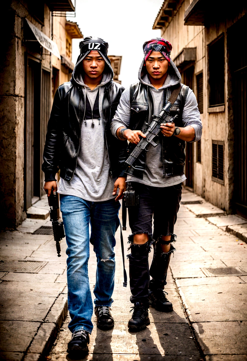 a guys with a sweet hood, a bandana and a uzi walk on the street