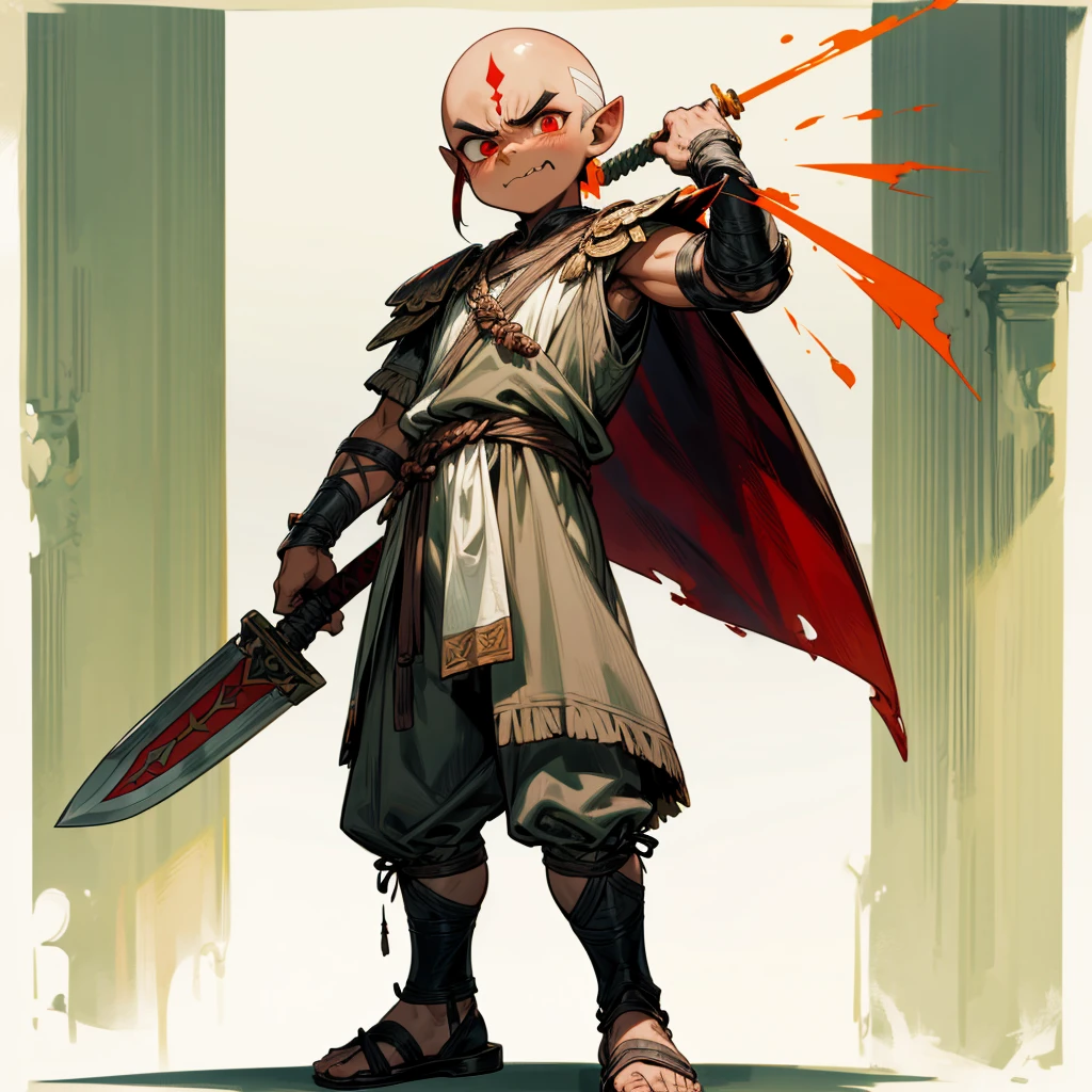 1little boys orc, orc version, Full body version, red eyes, black skins, angry eyes, bald hairstyle, angry expression, ancient Greek clothing, ancient Greek sandals, wood sword in hand, small shield wood, wood armor vest, Grassroots background in forest