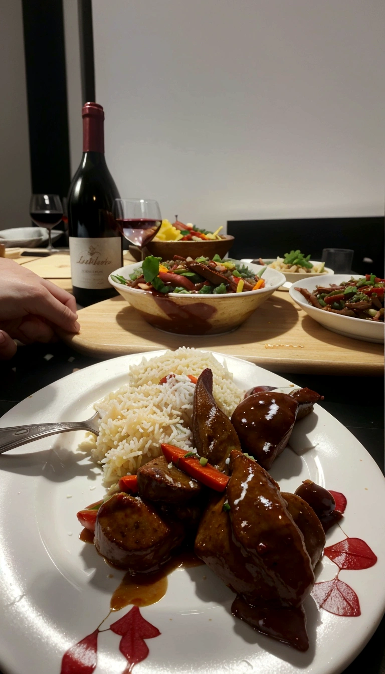 there is a plate of food on a table with a bottle of wine, dinner is served, ready to eat, lomo saltado, close up of food, photo taken in 2 0 2 0, taken with sony alpha 9, photograph taken in 2 0 2 0, very very happy!, family dinner, mukbang, very tasty, cooked, food blog photo, luscious