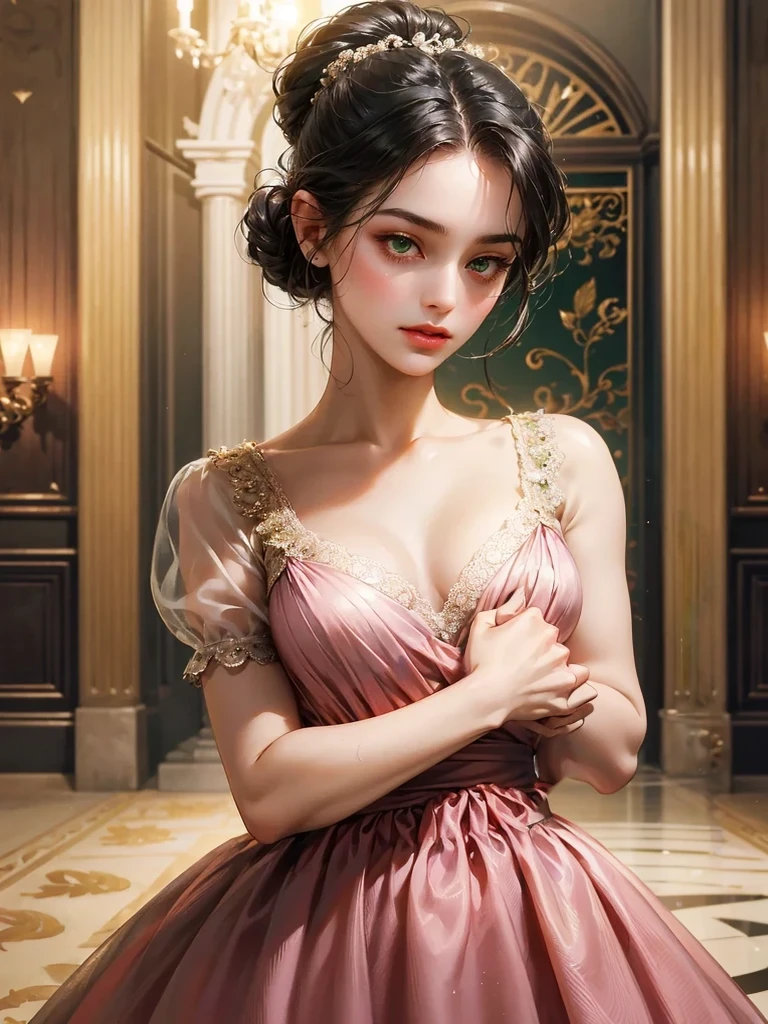 A girl, chignon black hair, small breast, green eyes. She wears a low-cut dress. She wears a pink dress from the Victorian era. Beautiful girl, detailed eyes, detailed face, detailed hands. She looks at the viewer. She has her hands down in front of her. Full figure. Background inside of a hall
