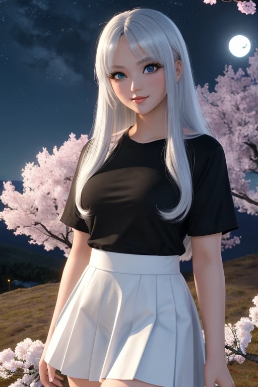 Long White haired anime girl with light blue eyes,black shirt,short white skirt,cute,hot,beautiful,18 years old,revanimated,3d,cyberrealistic,DreamShaper,in the moonlight,on top of the mountain,beautiful night sky,hot posing near a cherry tree,closeup,black stripes on cheeks,JapanesedollLikeness