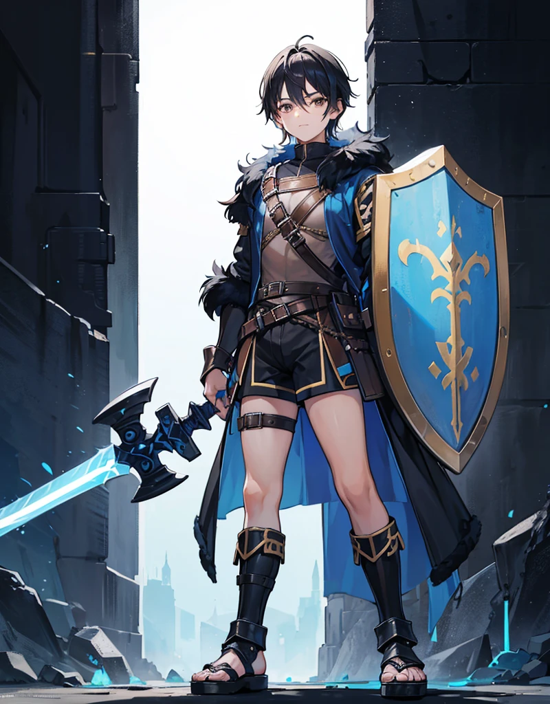 Young boy with black hair, brown eyes and fair skin, innocent and happy, wearing neon blue barbarian fur tunic, black shorts, gauntlets and sandals, weilding sword and shield, blue armor, fullbody, medieval background, boyish athletic